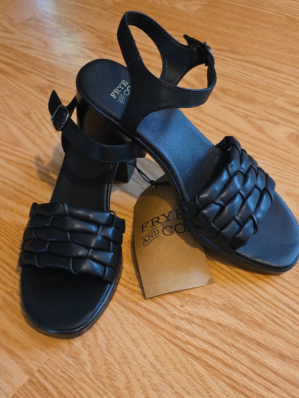 FRYE AND CO. Black Braided Strap Block Heel Sandals